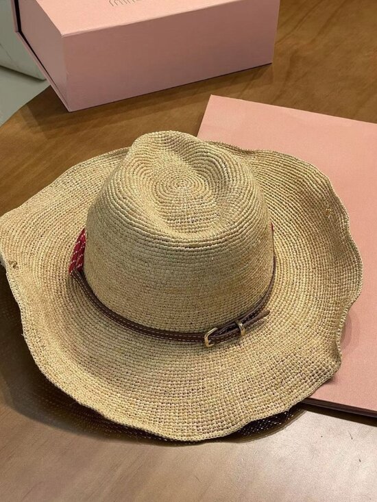 NEW Miu Miu Beige Straw Hat with Red Accent - Picture 4 of 8